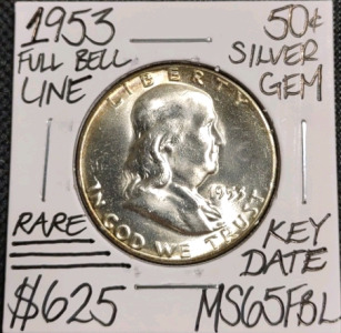 1953 MS65FBL Rare Full Bell Line Silver Half Dollar