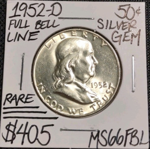 1952-D MS66FBL Rare Full Bell Line Silver Half Dollar