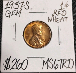 1937-S MS67RD Red Gem Wheat Copper Penny