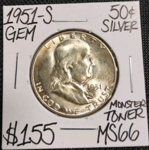 1951-S MS66 Gem Monster Toner Silver Half Dollar