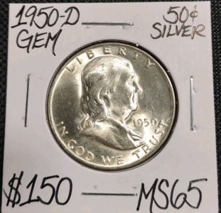1950-D MS65 Gem Silver Franklin Half Dollar