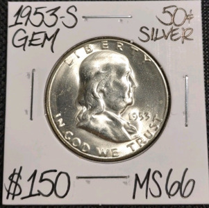 1953-S MS66 Gem Silver Franklin Half Dollar