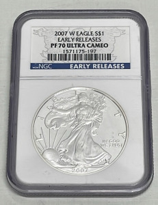 2007 1oz. Fine Silver, Silver Eagle Coin PF 70 Ultra Cameo W/ Certification (Carded)