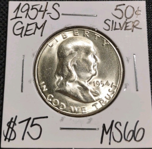 1954-S MS66 Gem Silver Franklin Half Dollar