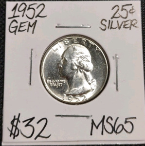1952 MS65 Gem Silver Washington Quarter