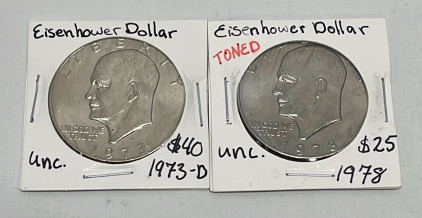 (2) Eisenhower Dollar Coins Dated 1973 And 1978 (Toned) (Both Carded)