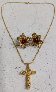 (2) Jewelry Pieces - Gold Tone Cross Necklace w/ Adjustable Floral Earrings