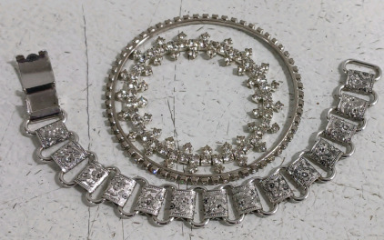(3) Silver Tone Bracelets - Rhinestone & Floral Designs