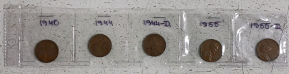 (5) Wheat Pennies - (1) 1940 (1) 1944 (1) 1944-D (1) 1955 (1) 1955-D [See Photos For Details]