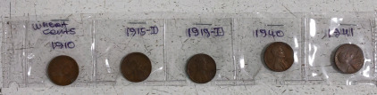 (5) Wheat Pennies - 1910 (1) 1915-D (1) 1919-D (1) 1940 (1) 1941