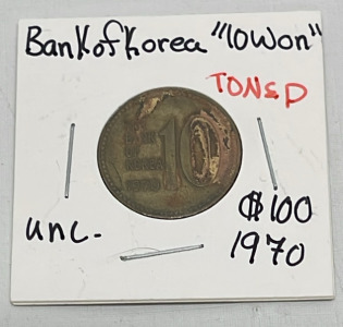 1970 Bank Of Korea “10 Won” Coin (Carded, Uncirculated And Toned)