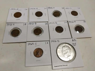 1934-1969 Pennies (5) and 1972 Eisenhower Dollar