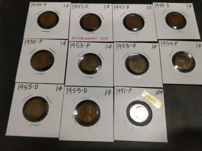 1944-1955 Pennies (10), 1947 Misaligned Die, 1991 Dime Misaligned Die
