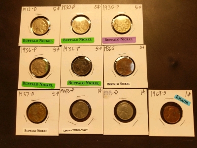 1913-1937 Buffalo Nickels (7), 1943 Steel Pennies (2), and 1969 Pennie Error