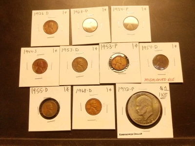 1926-1968 Pennies (9) 1954 Misaligned Die, and 1972 Eisenhower Dollar