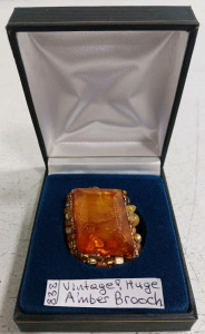 (1) Vintage Amber Brooch - Huge Rectangular Design