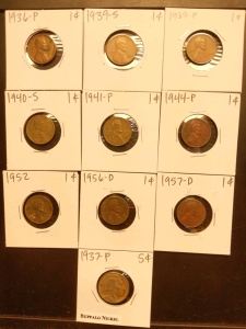 1936-1957 Pennies (9), and 1937 Buffalo Nickel