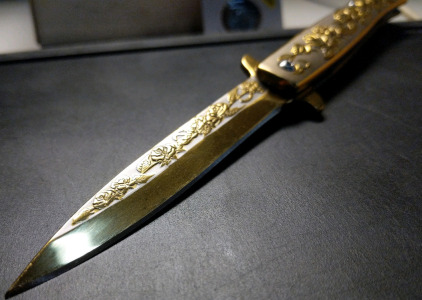 Gold Rose Stiletto Knife Spring Assisted 9" With Pocket Clip
