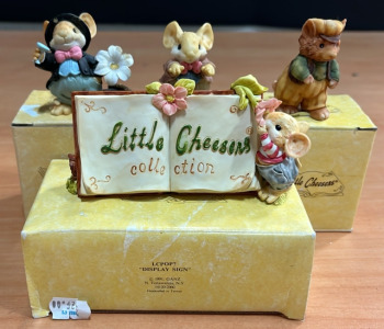 Assortment of Little Cheeses Hand Crafted Collectables Including; (1) &ldquo;Display Sign&rdquo; Item# LCPOP7 (1) 1994 Special Members Only Piece &ldquo;Firewood Fox&rdquo; Item# 05265 (1) &ldquo;Cheeserville Tales&rdquo; Item# 05254 & More