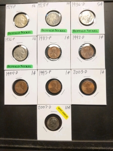 1924-1936 Buffalo Nickels (4), 1987-2003 Pennies (5), and 2007 Mint Error Dime