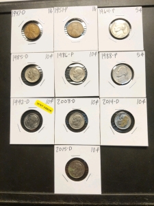 1947 and 1951 Pennies, 1964 and 1988 Nickels, 1985-2015 Dimes (6) 1992 Mint Error Dime