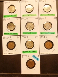 1929-1937 Buffalo Nickels (7), 1936-1980 Pennies (3) 1936 1939 Lincoln Wheat Pennies, 1980 Mint Error