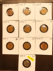 1940-1958 Pennies (9), and 1989 Mint Error Dime