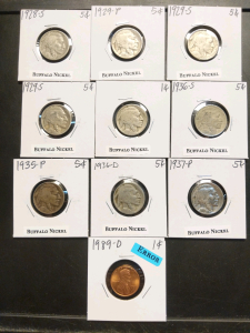 1928-1937 Buffalo Nickels (9) and 1989 Mint Error Penny