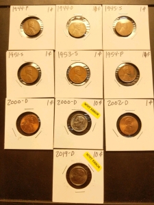 1944-2002 Pennies (8) and 2000 and 2019 Mint Error Dimes