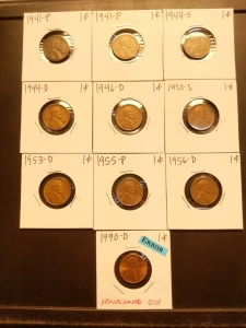 1941-1990 Pennies (10), 1990 D Series Penny Misaligned Die