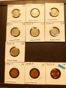 1920-1935 Buffalo Nickels (7), 1930-2022 Pennies (3), 1930 1939 Lincoln Wheat