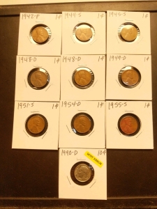 1942-1955 Pennies (9), and 1990 D Series Mint Error Dime