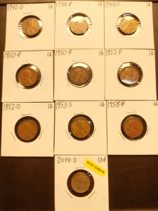 1942-1958 Pennies (9), and 2014 D Series Dime Mint Error