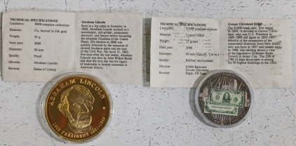 (2) Commemorative Coins - (1) Abraham Lincoln Coin Layered in 24k Gold (1) Grover Cleveland $1000 Banknote Coin