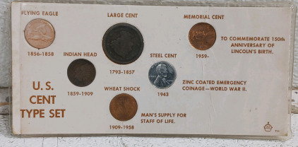 (1) U.S. Cent Type Set - Indian Head, Large Cent, Wheat Shock, Steel Cent, Memorial Cent