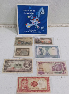 (7) World Banknotes w/ Euro-Zone Last Coins Collection