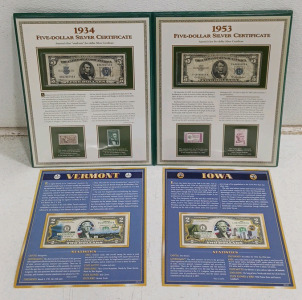(4) Historical Currency Displays - 1934, 1953 Five Dollar Silver Certificates w/ Vermont and Iowa Two Dollar Bills