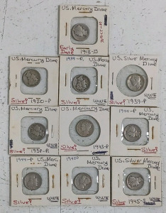 (10) U.S. Mercury Silver Dimes - 1918 to 1945