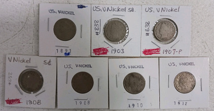 (7) U.S. V-Nickels - 1903, 1907-P, 1908, 1910 & 1912