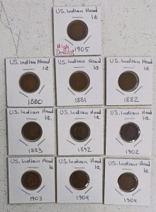 (10) US Indian Head Pennies - 1880 to 1905