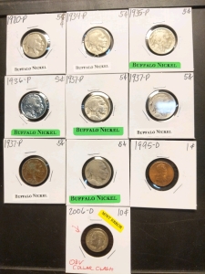 1920-1937 Buffalo Nickels (8), 1995 D Series Penny, and 2006 Mint Error Dime
