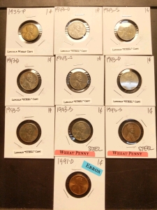 1935-1991 Pennies (10) Lincoln Wheat Pennies, Lincoln Steel Pennies, and Lincoln Wheat Steel Pennies