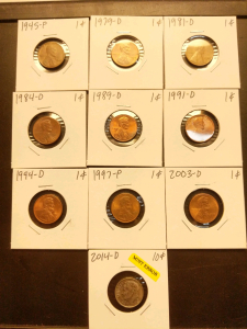 1945-2003 Pennies (9), and 2014 D Series Mint Error Dime