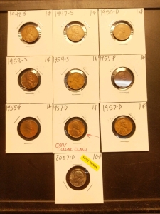 1942-1957 Pennies (9), and 2007 D Series Mint Error Dime