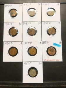 1941-1992 Pennies (9) 1992 Misaligned Die, and 1968 P Series Dime
