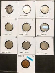 Late 1800s-Early 1900s Liberty V Nickels (9) and 1994 D Series Mint Error Penny