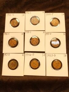 1941-1957 Pennies (9) D, P, S Series