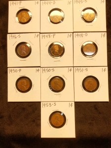 1941-1953 Pennies (10) D, P, S Series