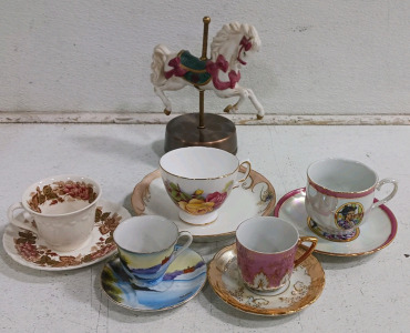 (5) Decorative Teacups w/ Saucers (1) Carousel Figurine