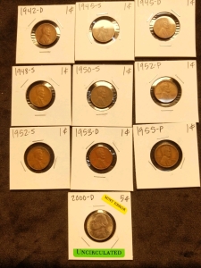 1942-1955 Pennies (9) and 2000 D Series Uncirculated Mint Error Nickel